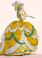 Ladies Court Dress in Yellow Silk with White and Green Frilled Edging
